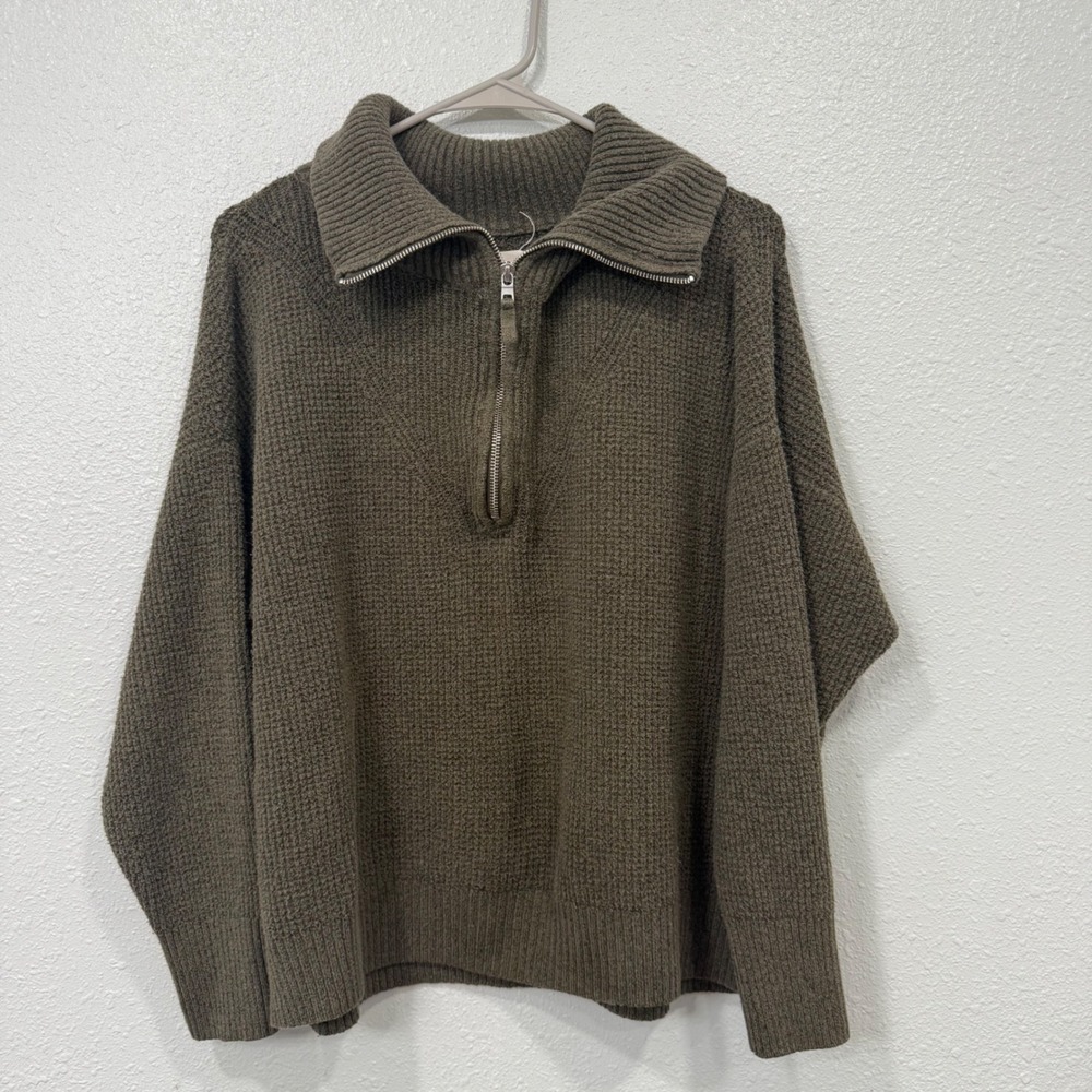 Aerie Womens Olive Green Waffle Knit Quarter Zip Pullover Sweater Size S